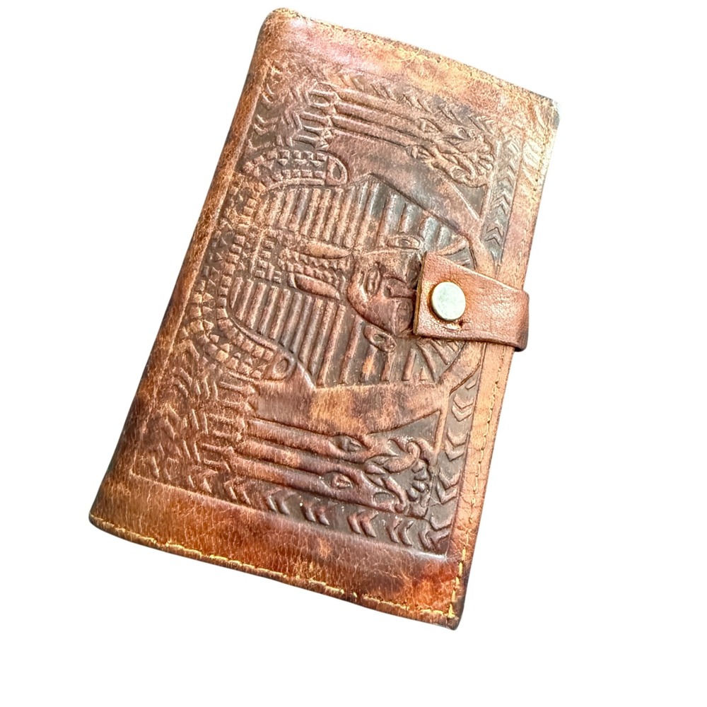 Vintage Hand‎ Tooled Leather Egyptian Pharaoh King Tut Wallet Brown Kiss Lock